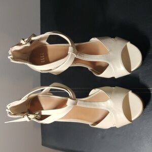 Elle T-Strap Platform Beige Heeled Sandals 8.5